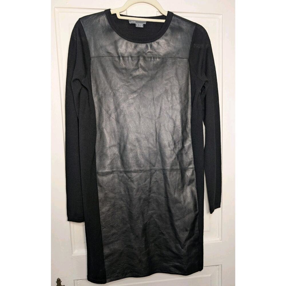Vince Black Long Sleeve Sweater Dress Lambskin Leather Panel Wool S Y2K(867)
